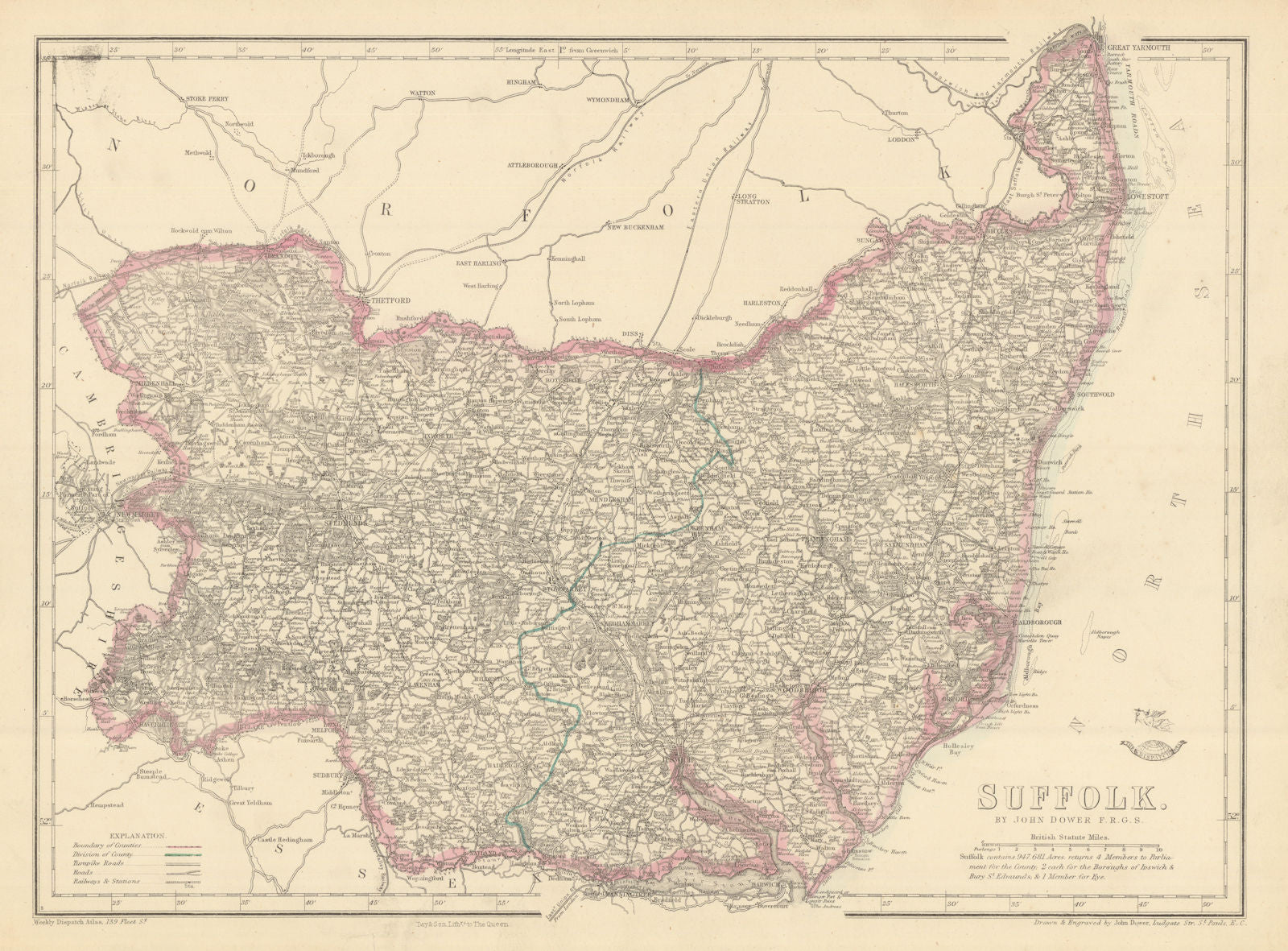 SUFFOLK. Antique county map. Railways. Ipswich Bury St Edmunds. DOWER 1863